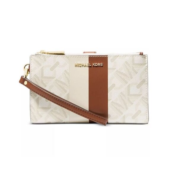 MICHAEL KORS Adele Jet Set double zip coated canvas phone wallet wristlet -Beige - Picture 1 of 11